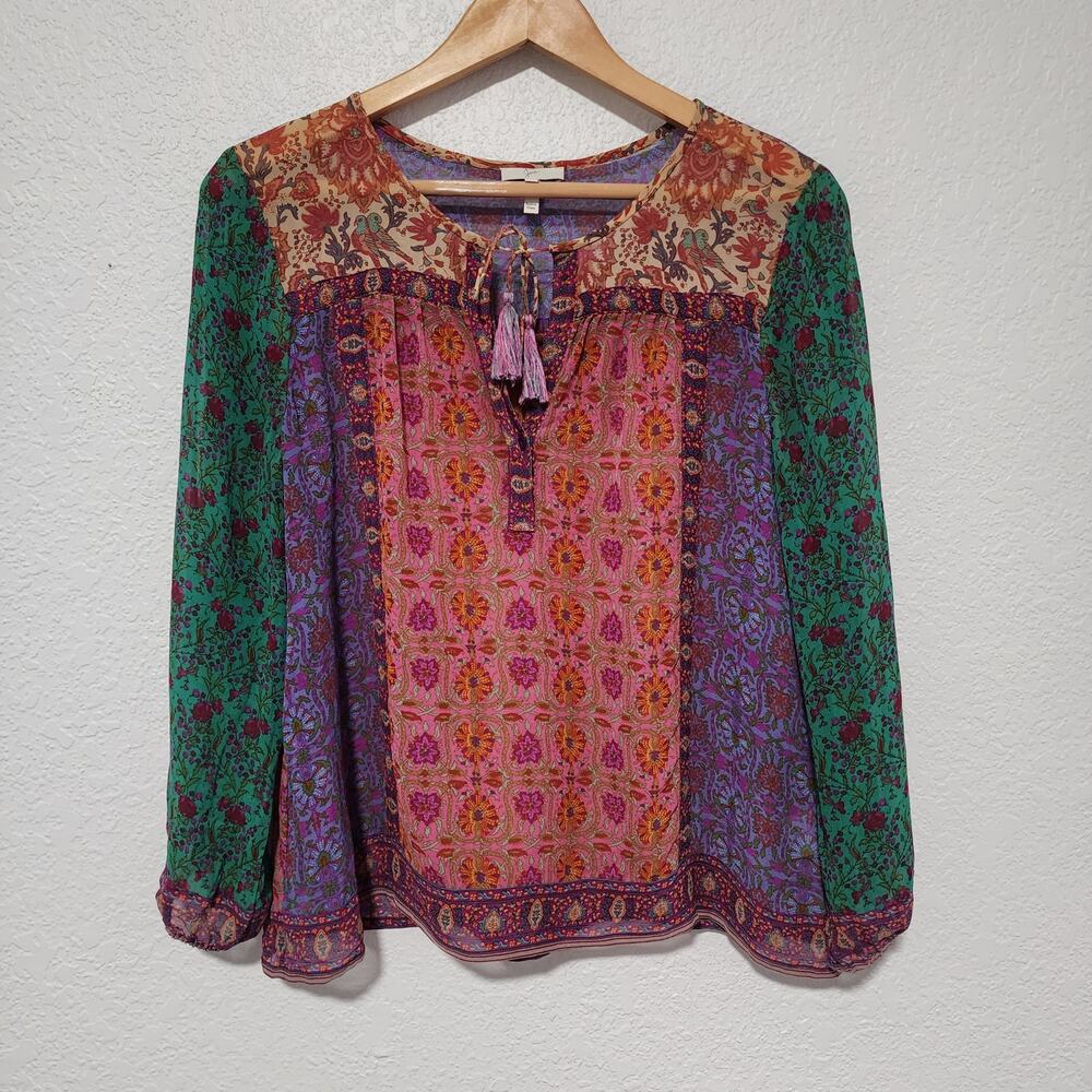 Joie Floral Patchwork Silk Peasant Blouse Tassel Keyhole Tie Neck Top Medium